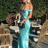 Kaia | Aqua Sheath Off The Shoulder Sleeveless Satin Long Prom Dress