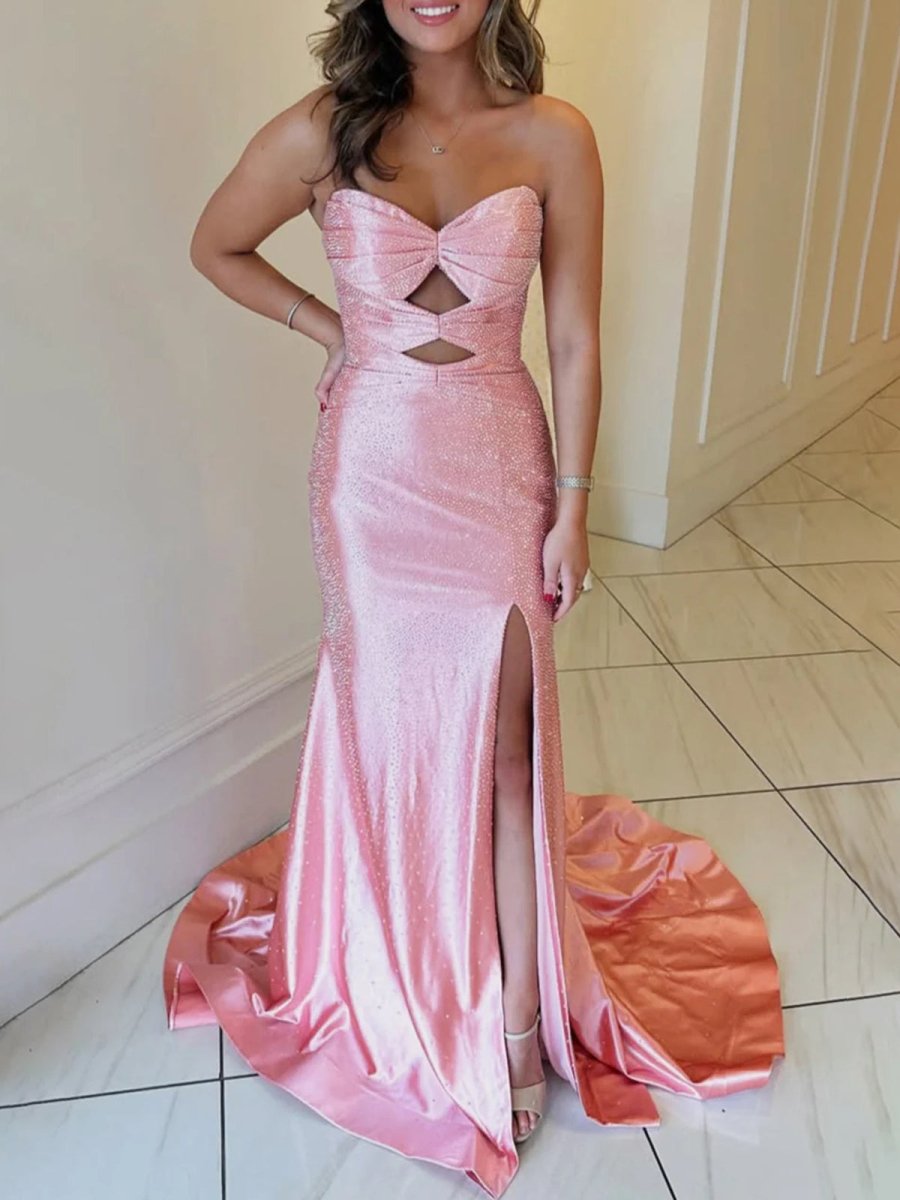 Mira | Mermaid Glitter Sweetheart Red Cut-out Beaded Long Prom Dress with Slit