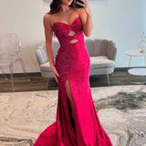 Mira | Mermaid Glitter Sweetheart Red Cut-out Beaded Long Prom Dress with Slit