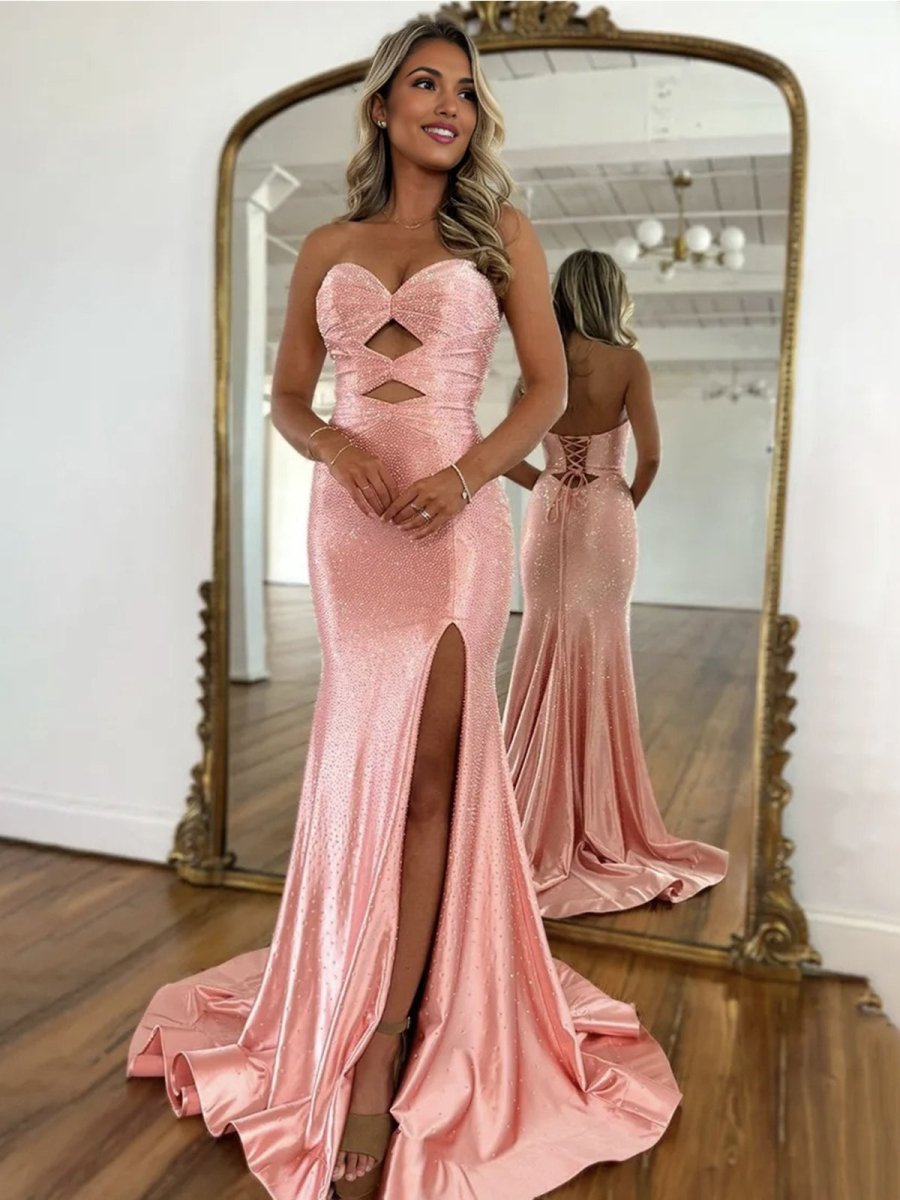 Mira | Mermaid Glitter Sweetheart Red Cut-out Beaded Long Prom Dress with Slit