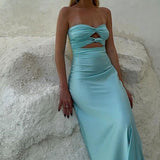 Cleo | Sheath Aqua Blue Strapless Satin Long Prom Dresses