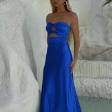Cleo | Sheath Aqua Blue Strapless Satin Long Prom Dresses