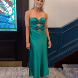Cleo | Sheath Aqua Blue Strapless Satin Long Prom Dresses