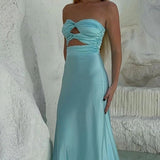 Cleo | Sheath Aqua Blue Strapless Satin Long Prom Dresses