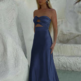 Cleo | Sheath Aqua Blue Strapless Satin Long Prom Dresses