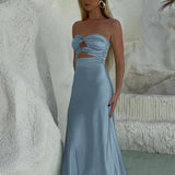 Cleo | Sheath Aqua Blue Strapless Satin Long Prom Dresses