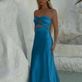 Cleo | Sheath Aqua Blue Strapless Satin Long Prom Dresses