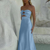 Cleo | Sheath Aqua Blue Strapless Satin Long Prom Dresses