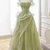 Elva | Green Tulle Off-the-Shoulder Lace Corset Long Prom Dress with Beading