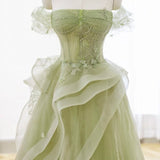 Elva | Green Tulle Off-the-Shoulder Lace Corset Long Prom Dress with Beading