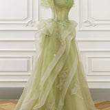 Elva | Green Tulle Off-the-Shoulder Lace Corset Long Prom Dress with Beading