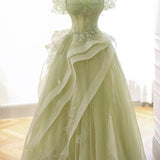 Elva | Green Tulle Off-the-Shoulder Lace Corset Long Prom Dress with Beading