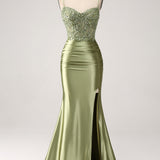 Mermaid Sage Spaghetti Straps Lace-up Back Prom Dress With Slit