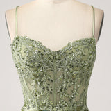 Mermaid Sage Spaghetti Straps Lace-up Back Prom Dress With Slit