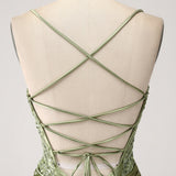 Mermaid Sage Spaghetti Straps Lace-up Back Prom Dress With Slit