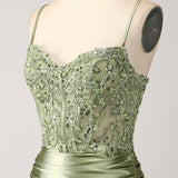 Mermaid Sage Spaghetti Straps Lace-up Back Prom Dress With Slit