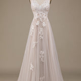 Apricot Tulle Sweep Train Wedding Dress with Lace