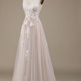 Apricot Tulle Sweep Train Wedding Dress with Lace