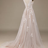 Apricot Tulle Sweep Train Wedding Dress with Lace